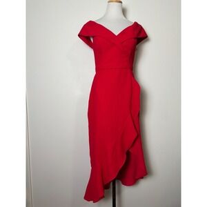 Xscape Red Off the Shoulder Midi Dress 6 Hi Low Ruffle Party Wedding Glam